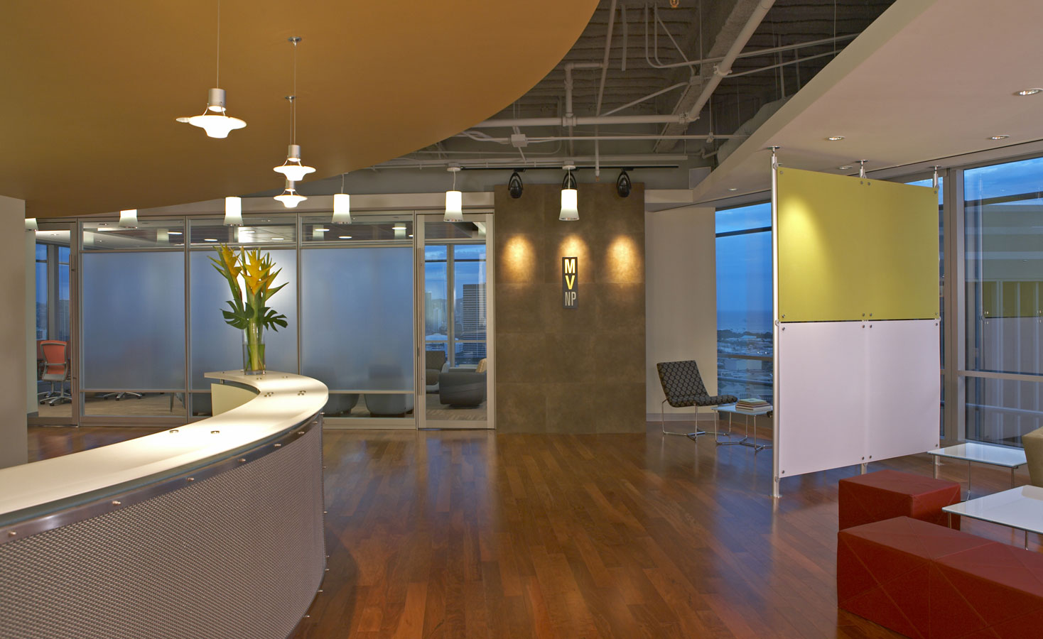 Lobby area at night.