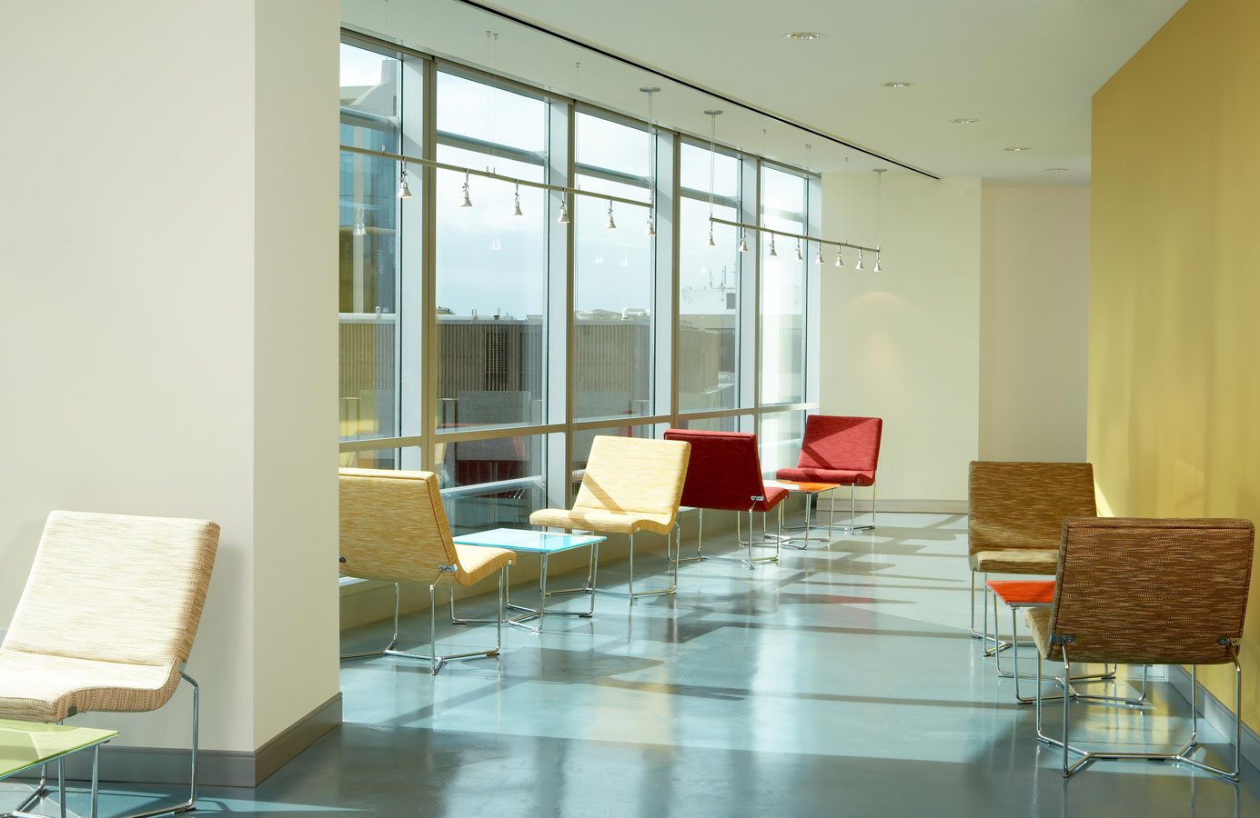 Sunlit seating areas.