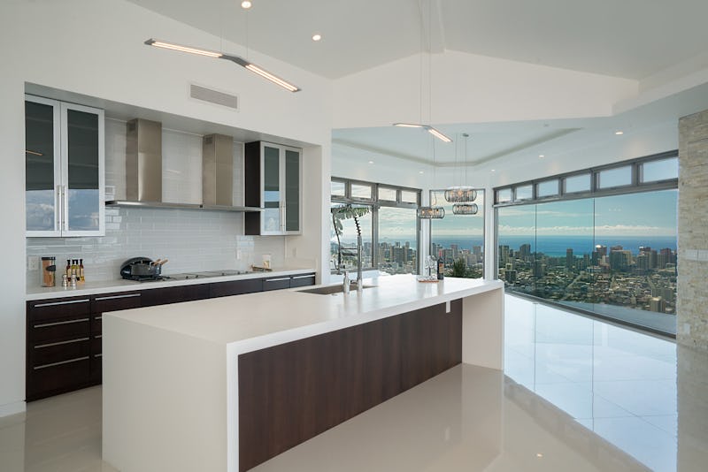 Kitchen counter with city view.