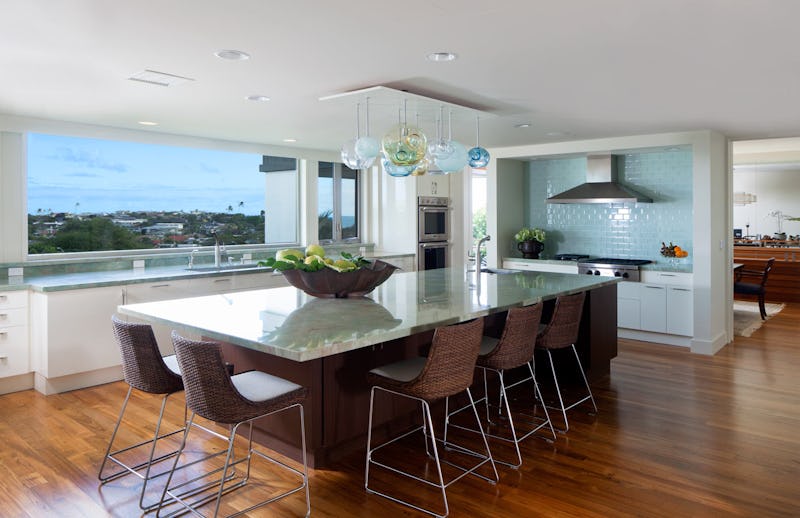 Kitchen island with dining area.