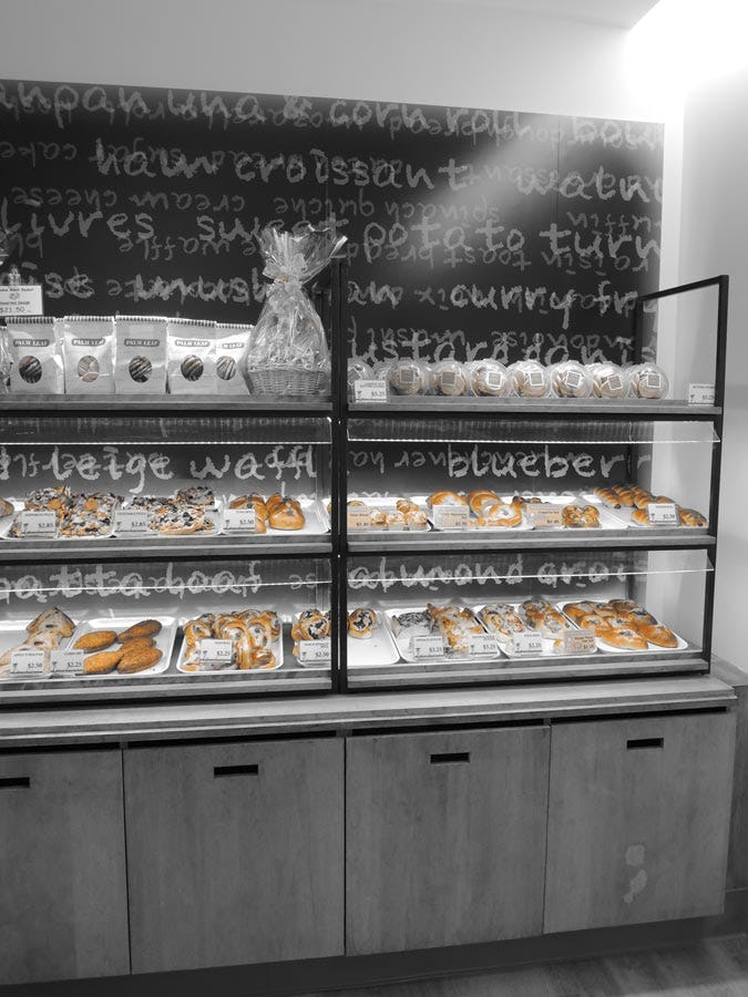 Bakery goods on display.