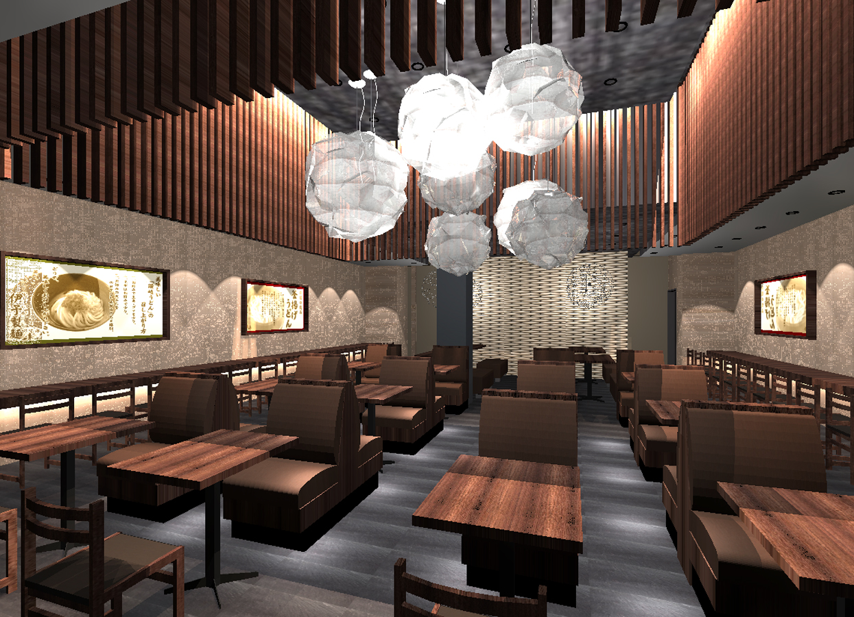 Rendering of interior dining room at Iyo Udon Restaurant