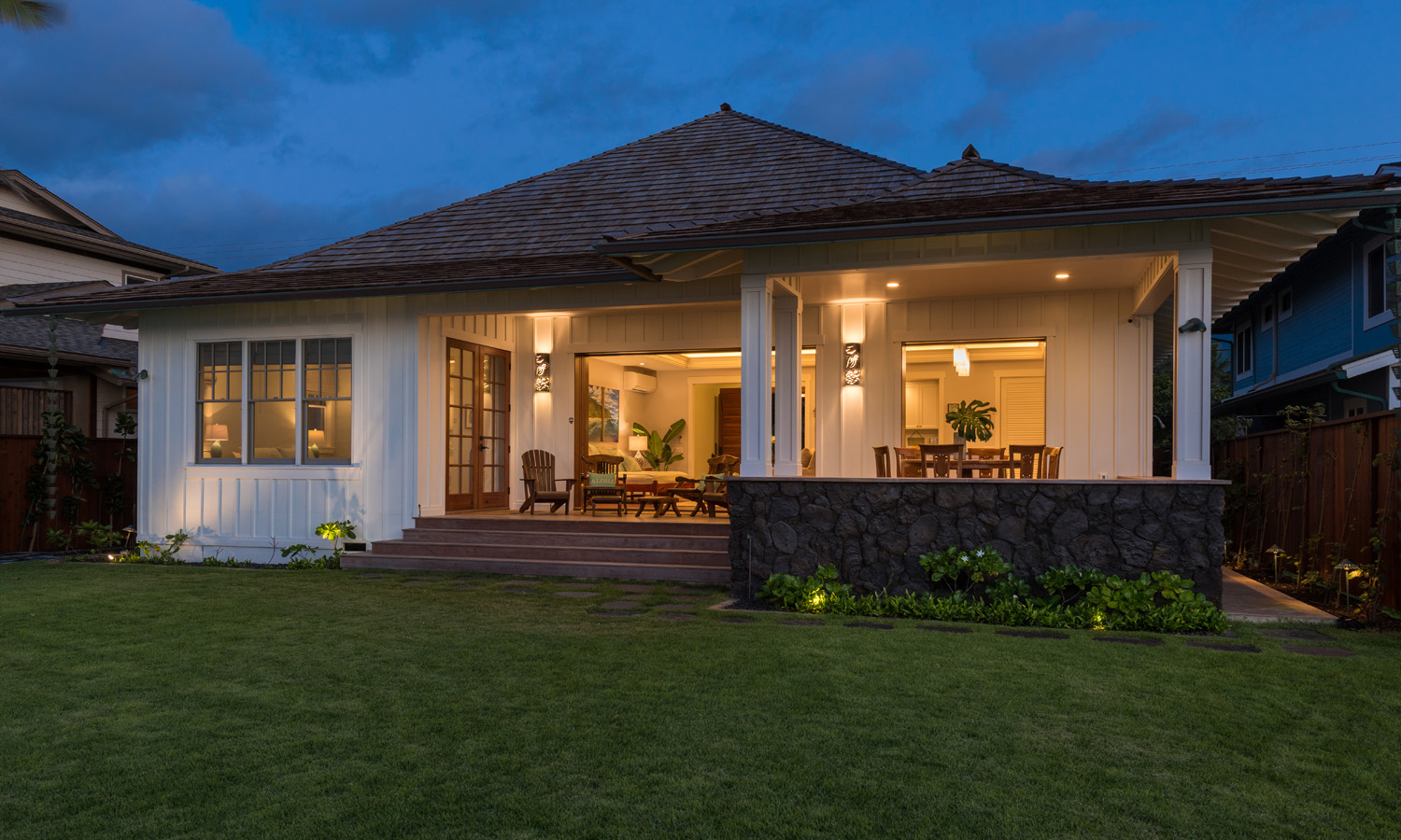 Exterior photo of house at dusk