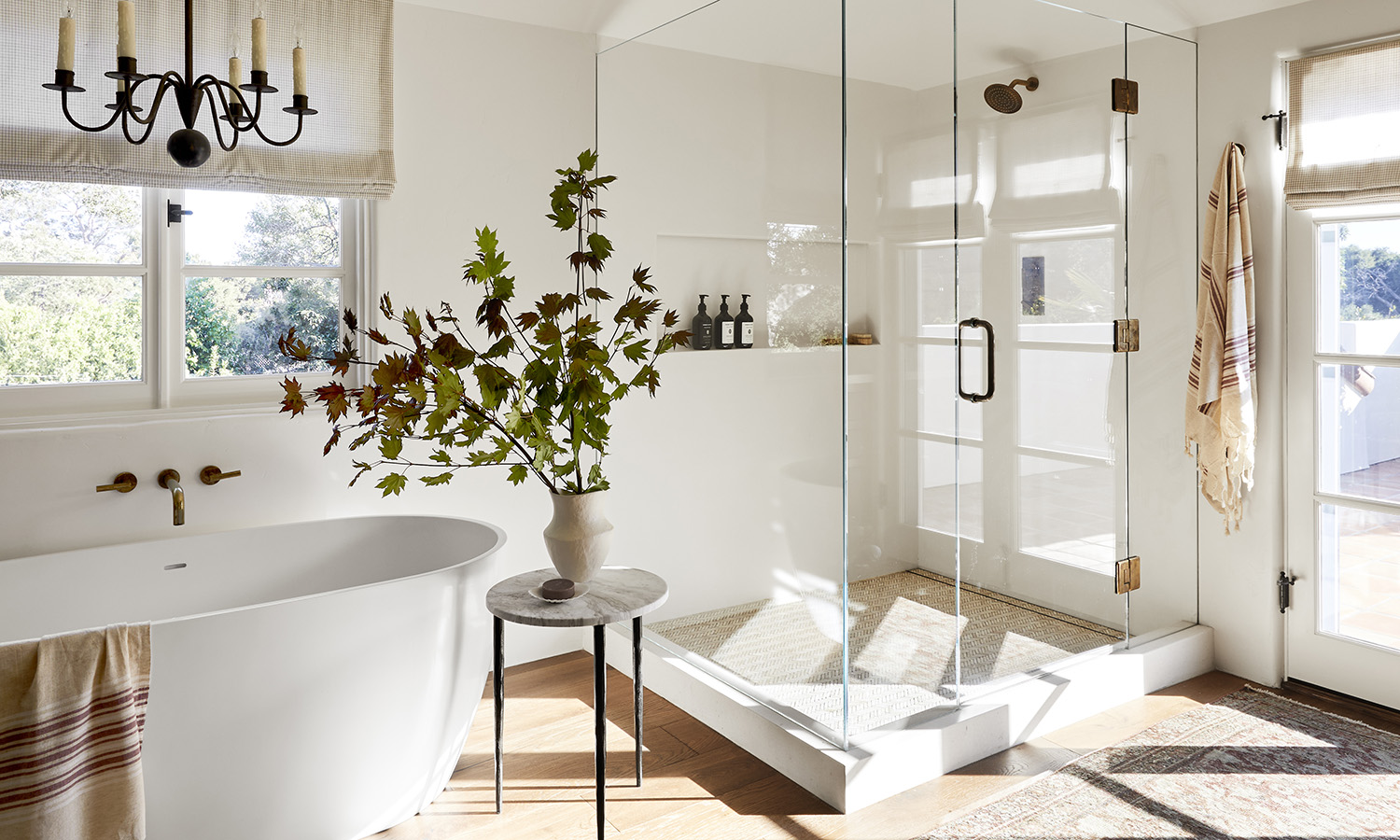 bathroom shot of clear shower and white tub