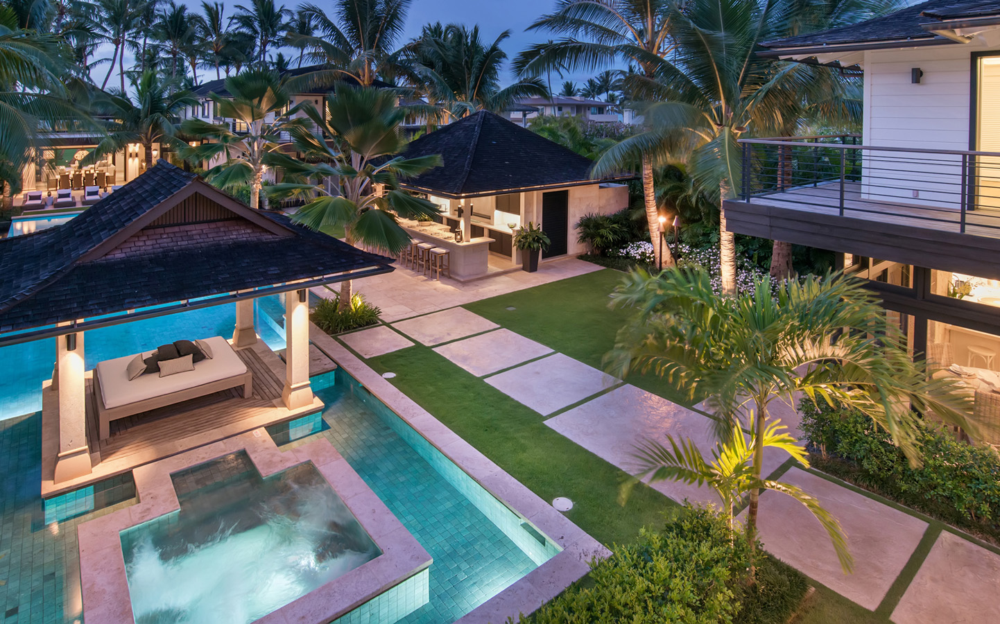 Birds-eye view of house and pool