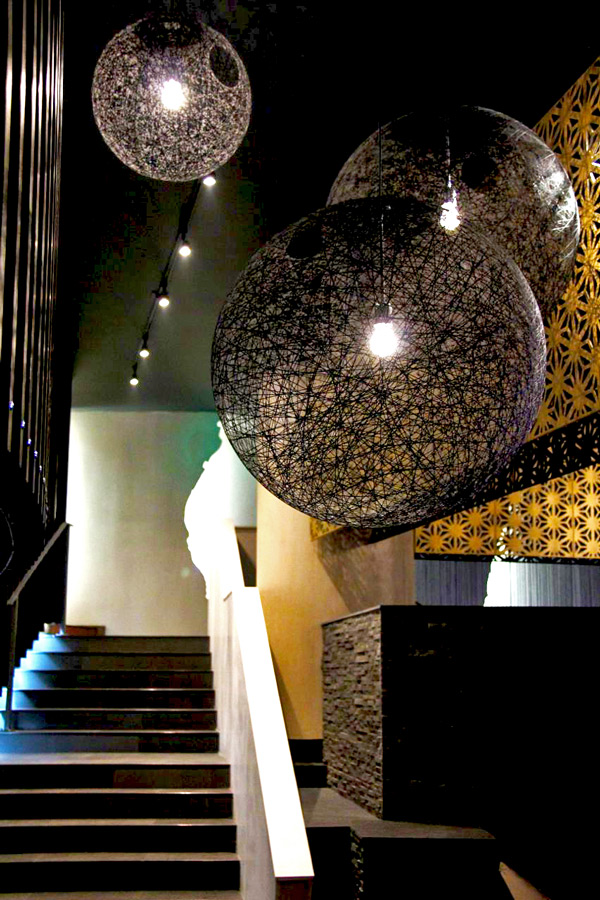 Large ceiling hanging lights at Benihana Restaurant at Chelsea, London