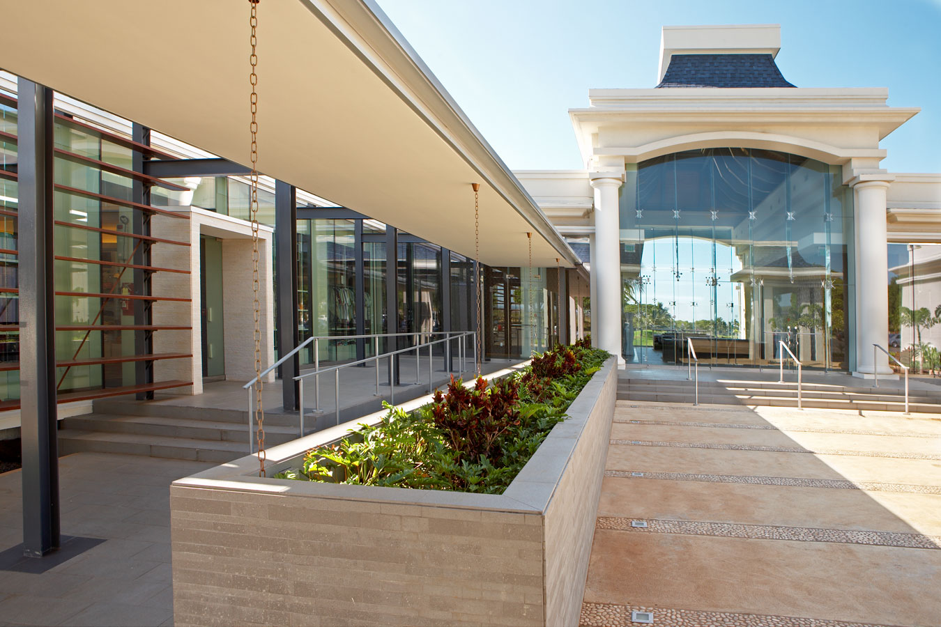 Walkways and high glass door entrances.