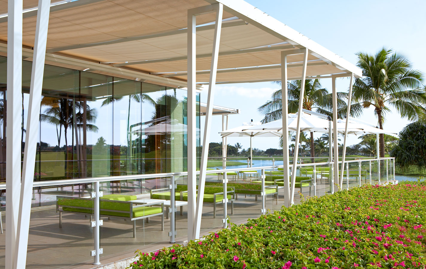 Outside seating area with shade.