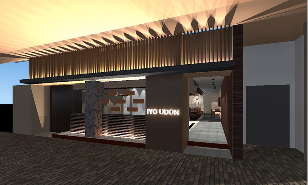Rendering of storefront with illuminated Iyo Udon logo