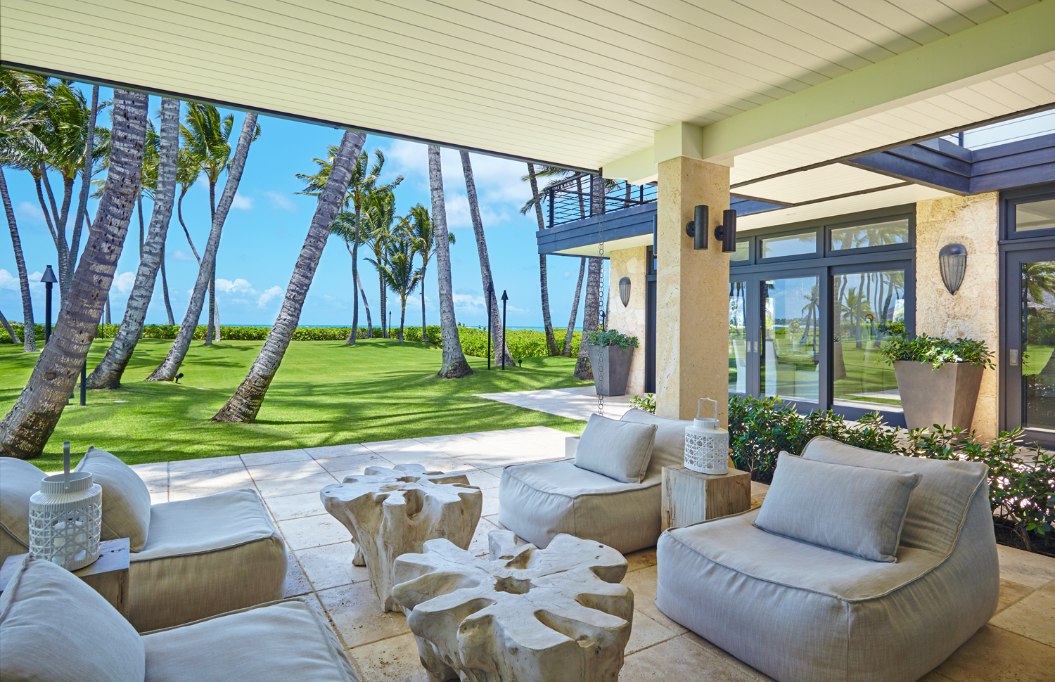 Outdoor sitting area with trees in yard