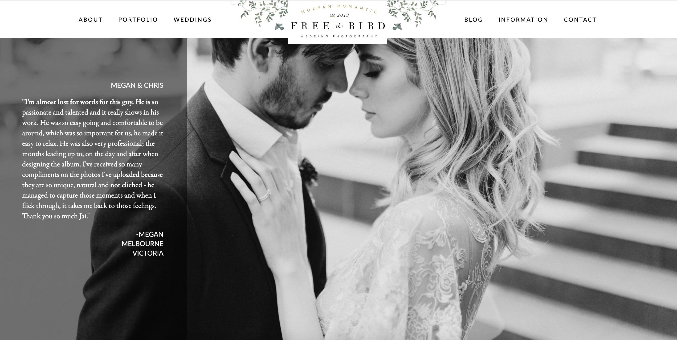 Wedding Photographer Jai Long uses a testimonial on his home page to book more clients.