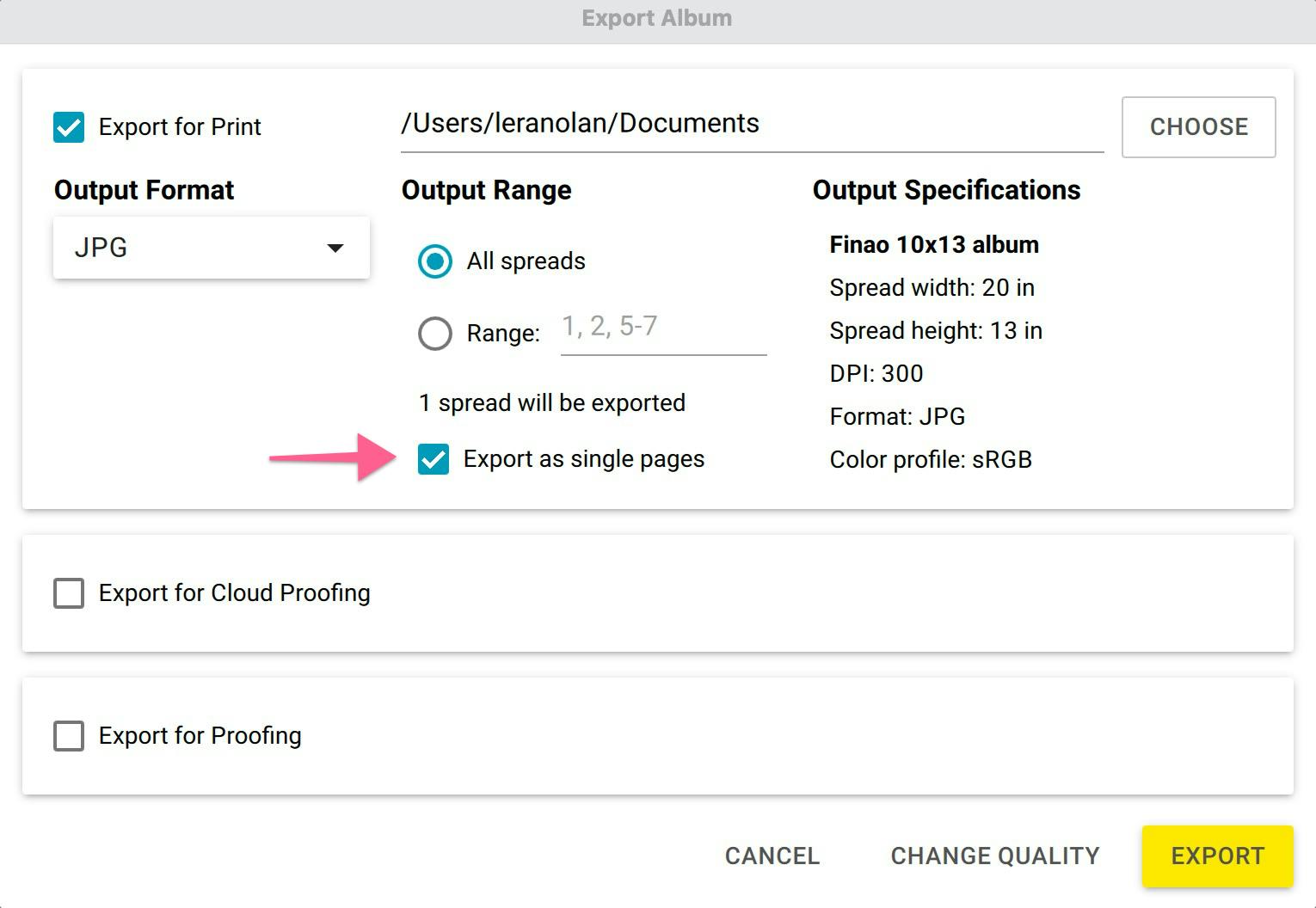 Exporting as single pages in SmartAlbums