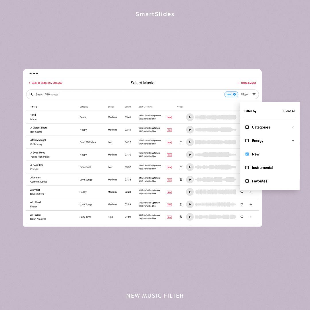 New music filter system in SmartSlides makes it easy for photographers to find the perfect song for their slideshow