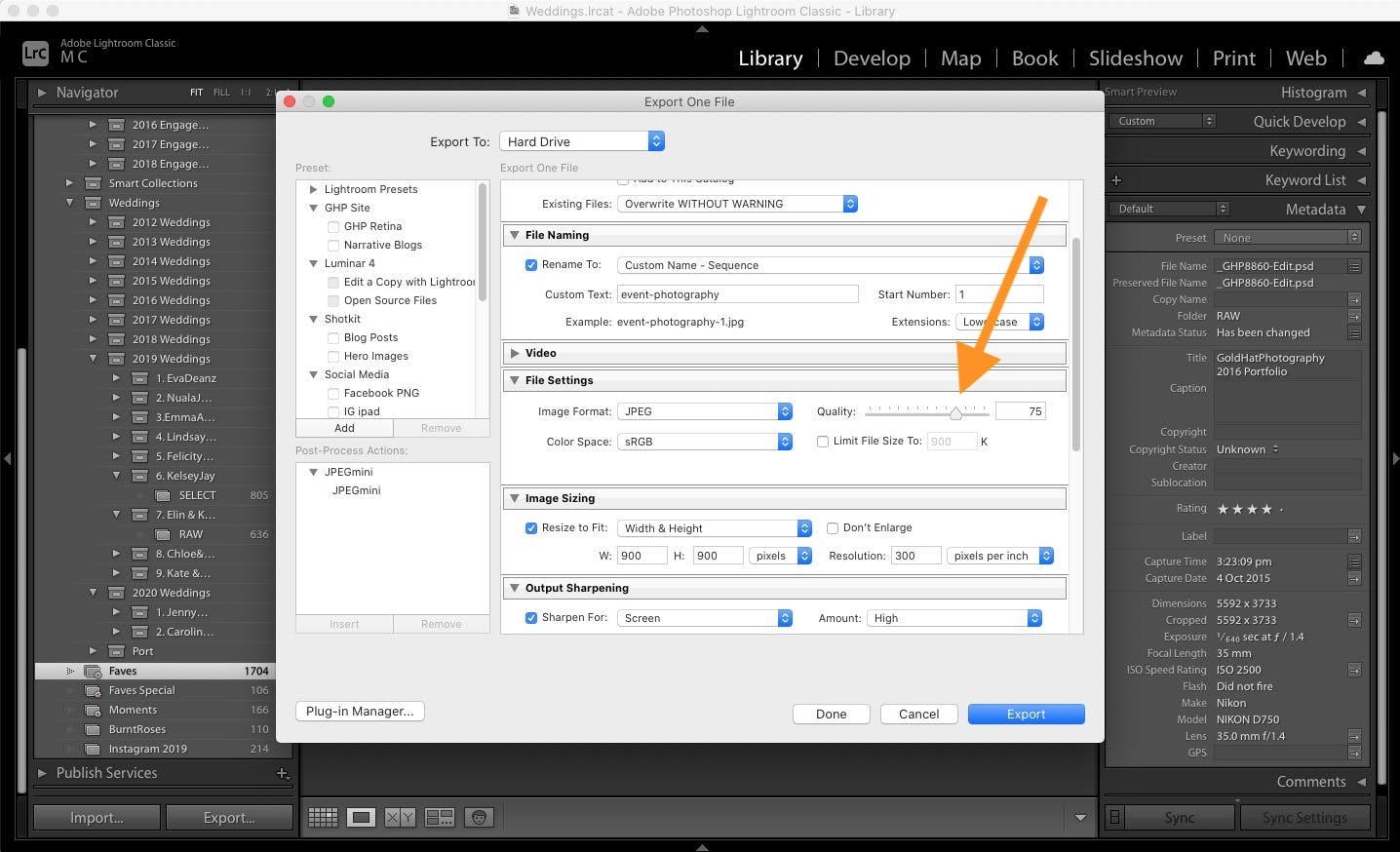 Export your photos at quality 75 from Adobe Lightroom to help speed up your photography editing workflow