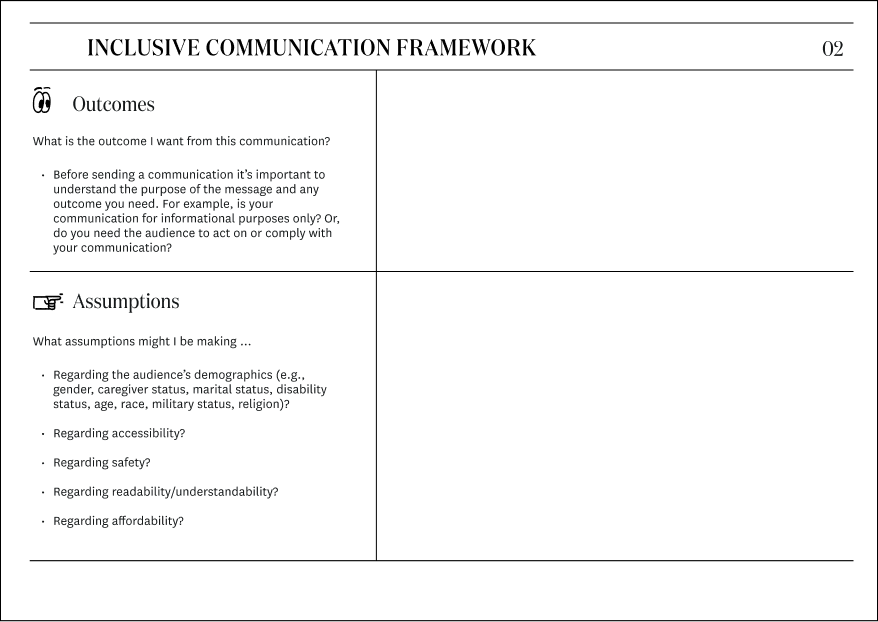 Vector drawing of noting an example of the Inclusive Communication Framework for Outcomes and Assumptions. Download PDF for the full text.