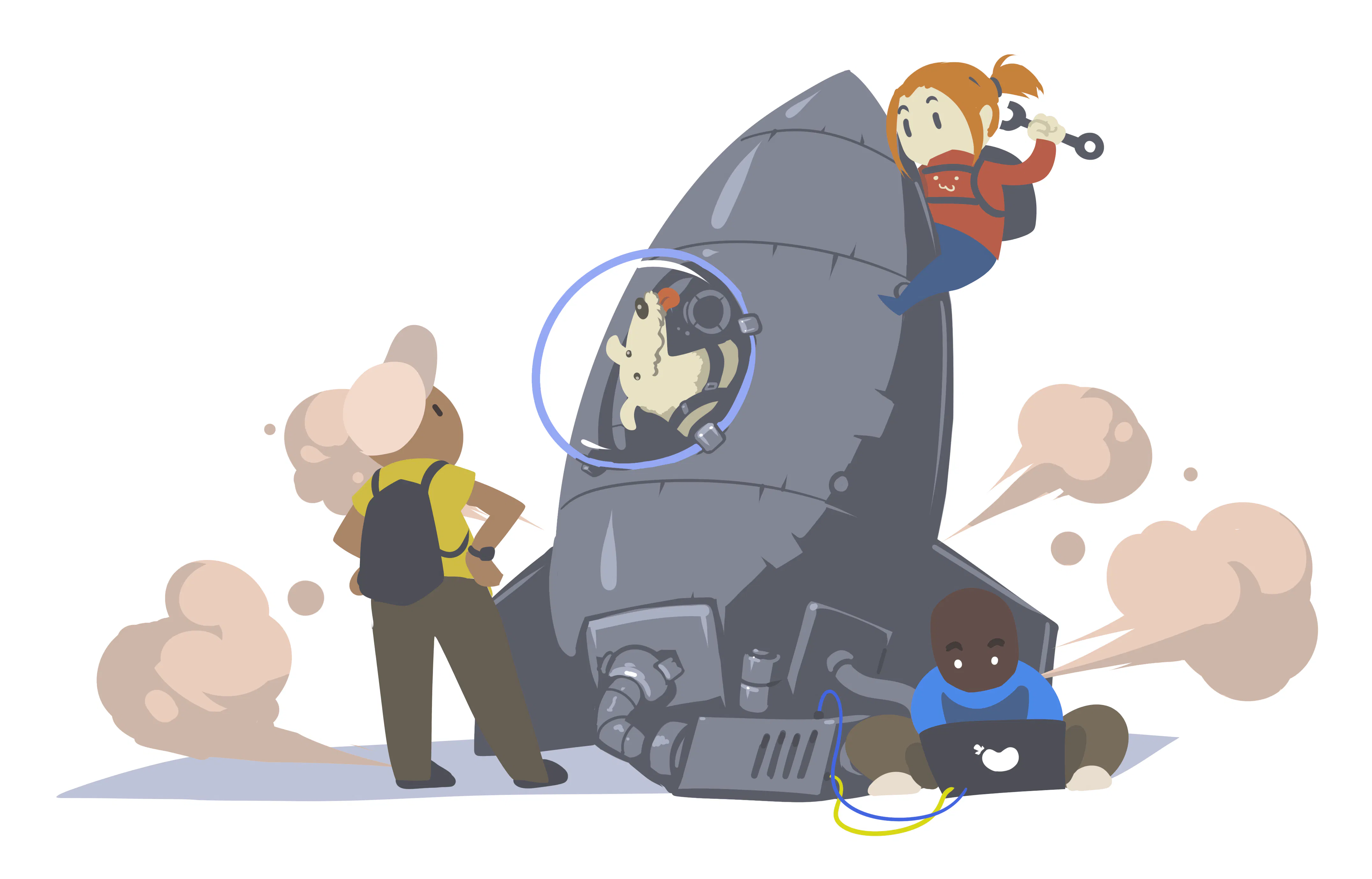Illustration of engineers working on a rocket