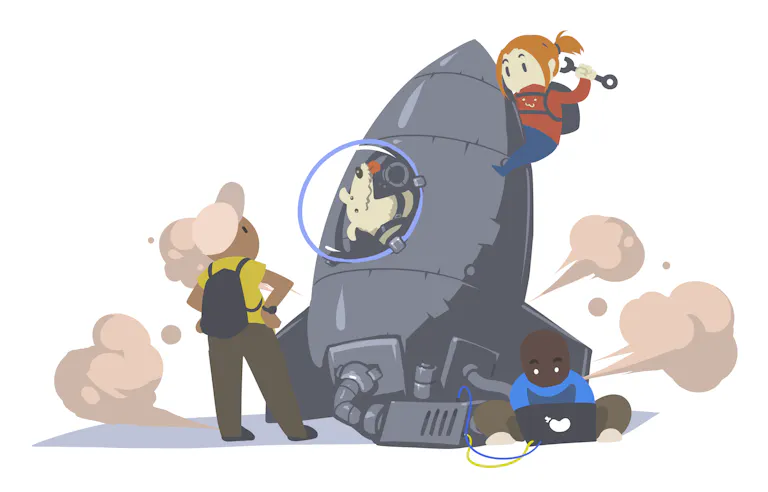 Illustration of engineers working on a rocket
