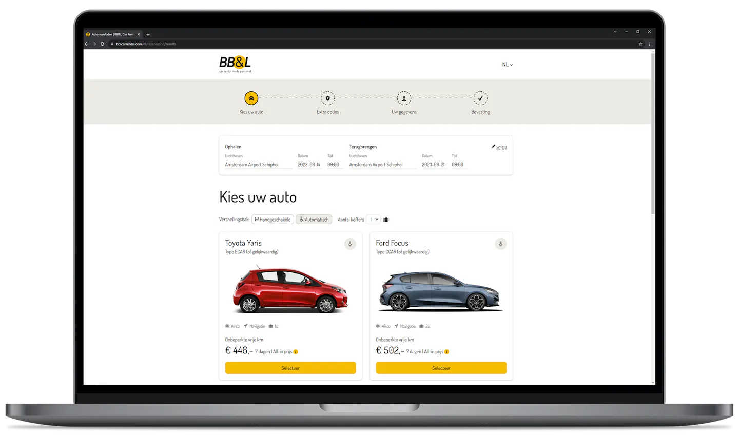 Laptop met de website van autoverhuurbedrijf BB&L