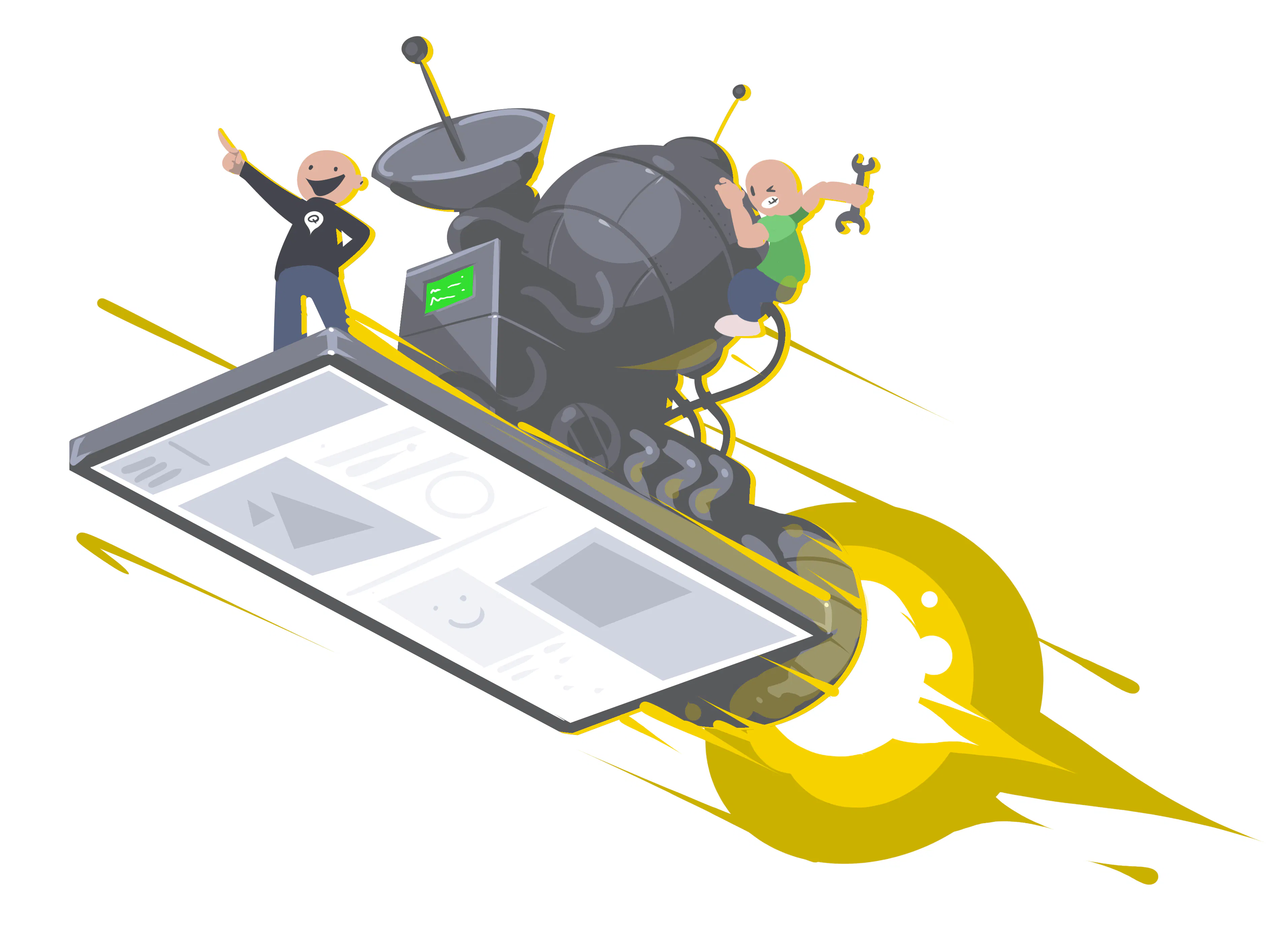 Illustration of a flying mobile phone carrying a machine and two engineers