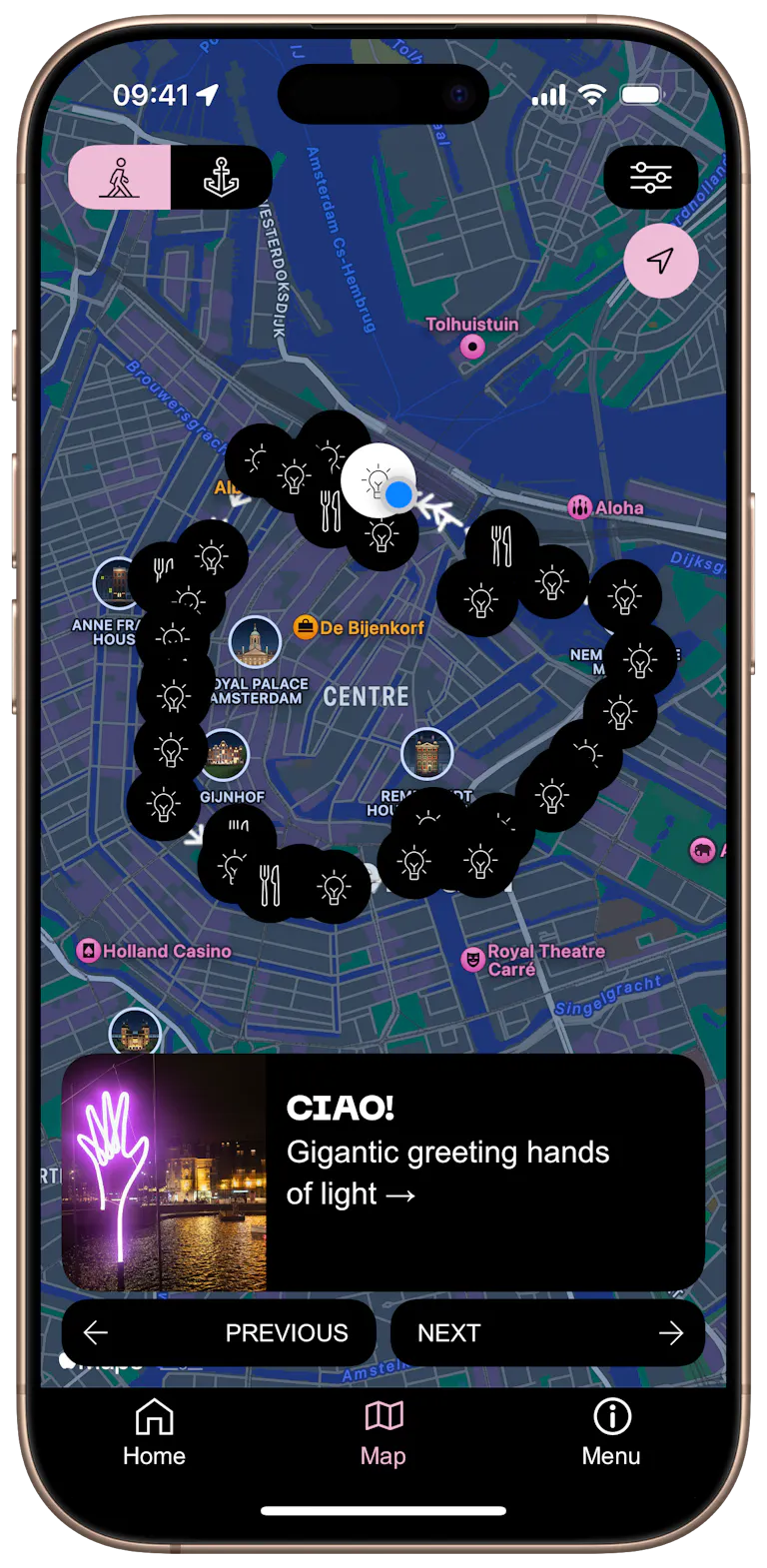 Amsterdam Light Festival App, containing the walking route