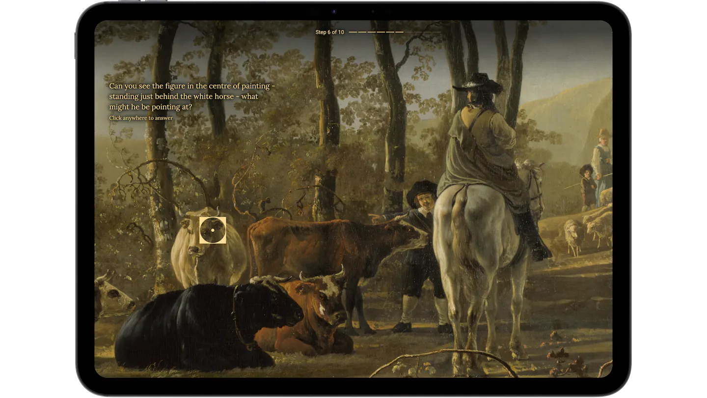 A painting with cows and a man on a horse