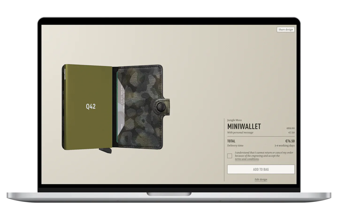 Laptop met het beeld van de Secrid-tool waarin een groene 3D-render van een portemonnee wordt getoond met een Q42-logo afgedrukt.