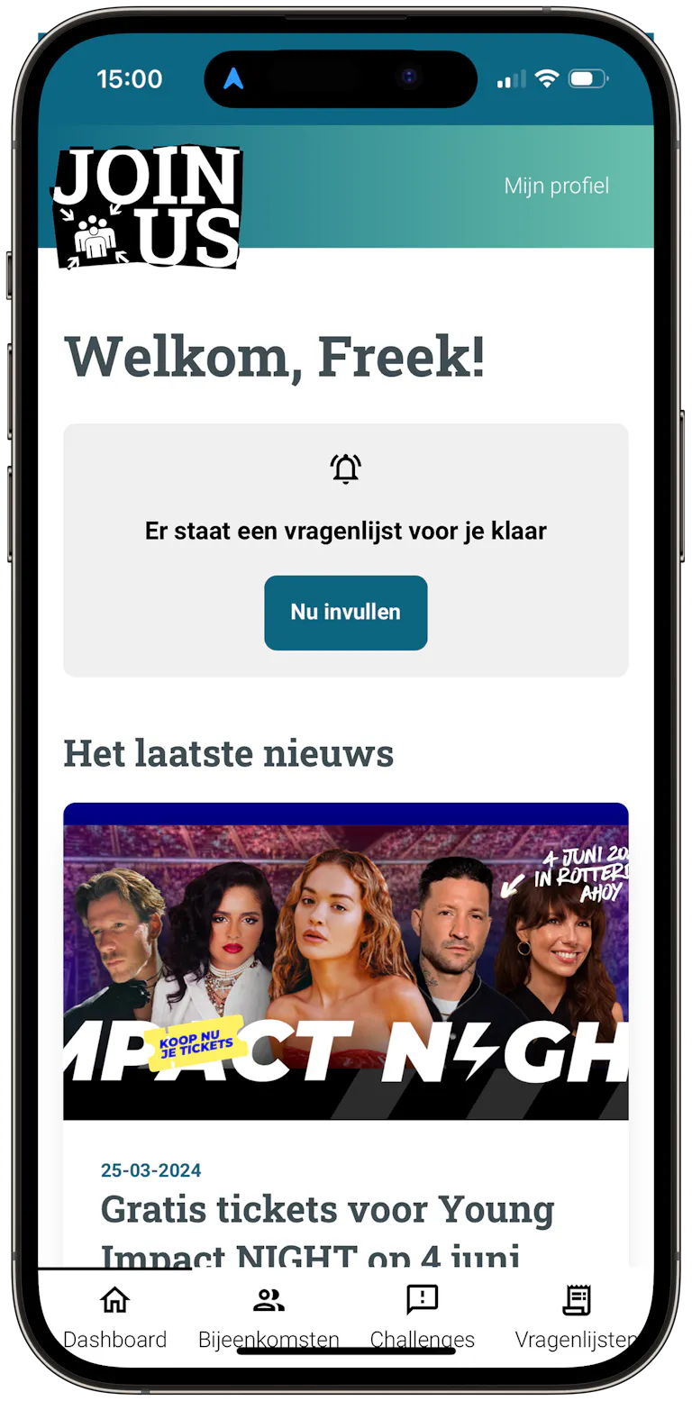 Mobiele telefoon met de Join Us-applicatie