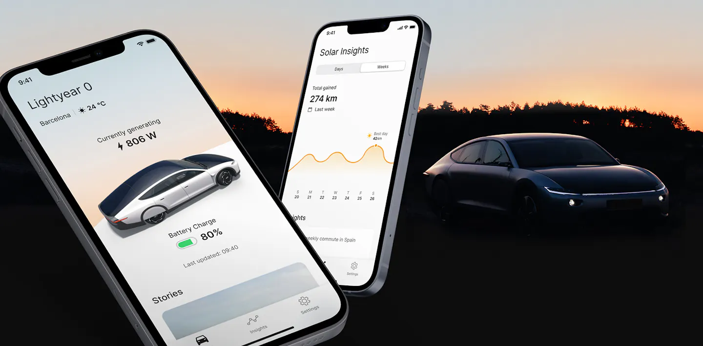 Plaatje van twee mobiele telefoons met de Lightyear-app met op de achtergrond de zonne-auto zelf. 