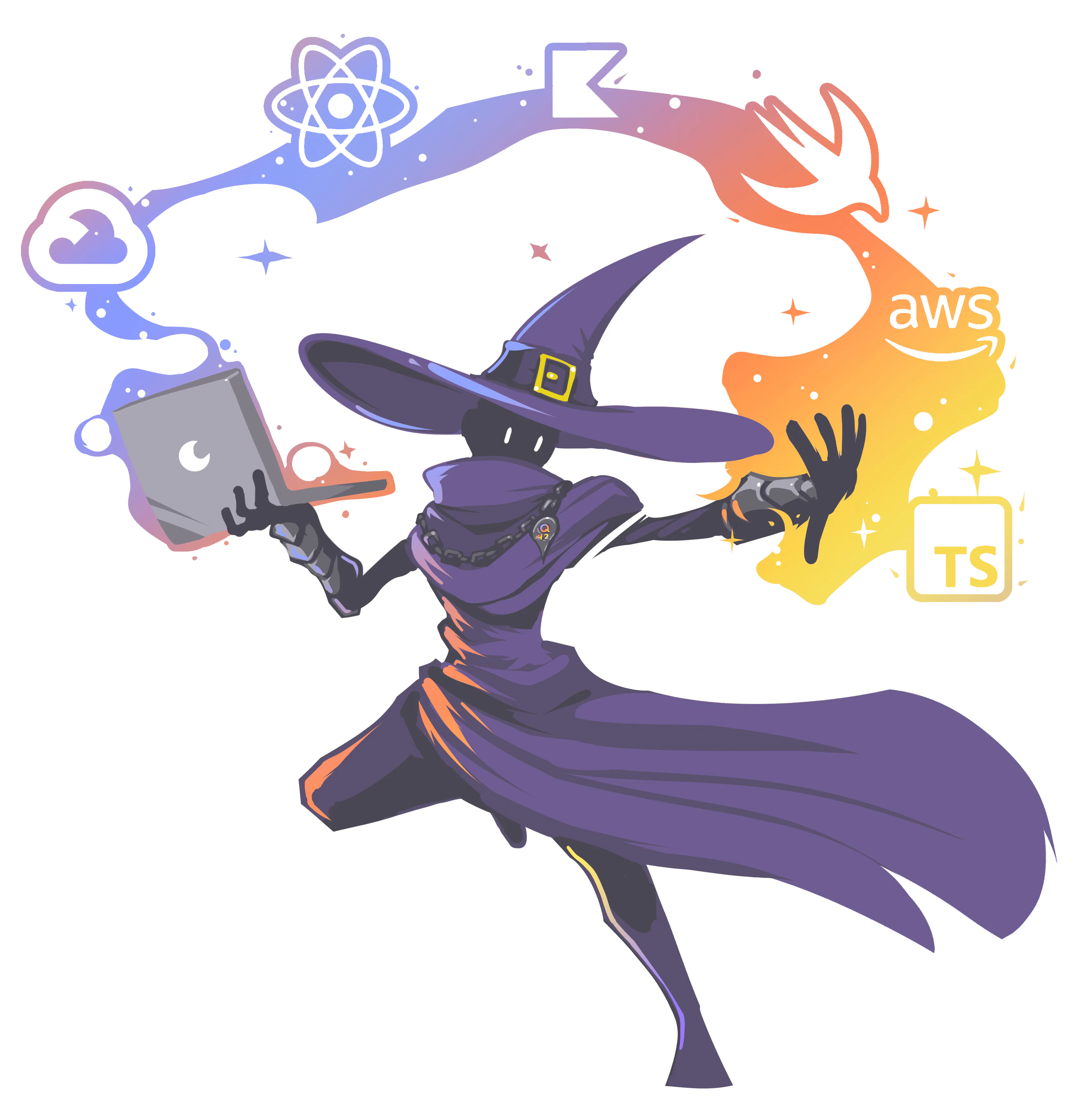 Illustration of a wizard figure with a laptop in his right hand