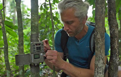 Tim van Deursen from Hack The Planet installing an AI-enabled camera trap in Lopé National Park Gabon