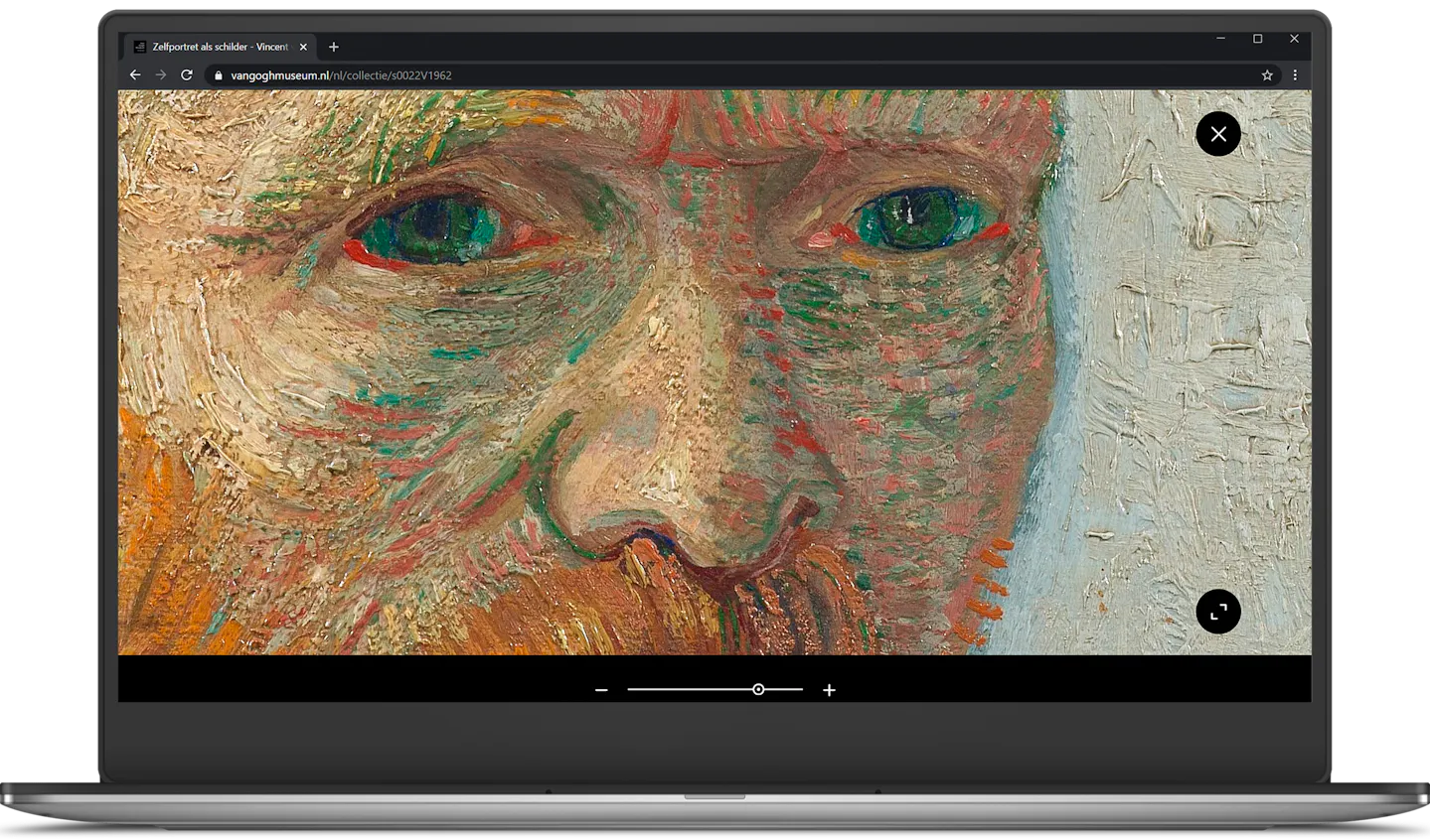 Laptop met een ingezoomd zelfportret op de website vangoghmuseum.nl