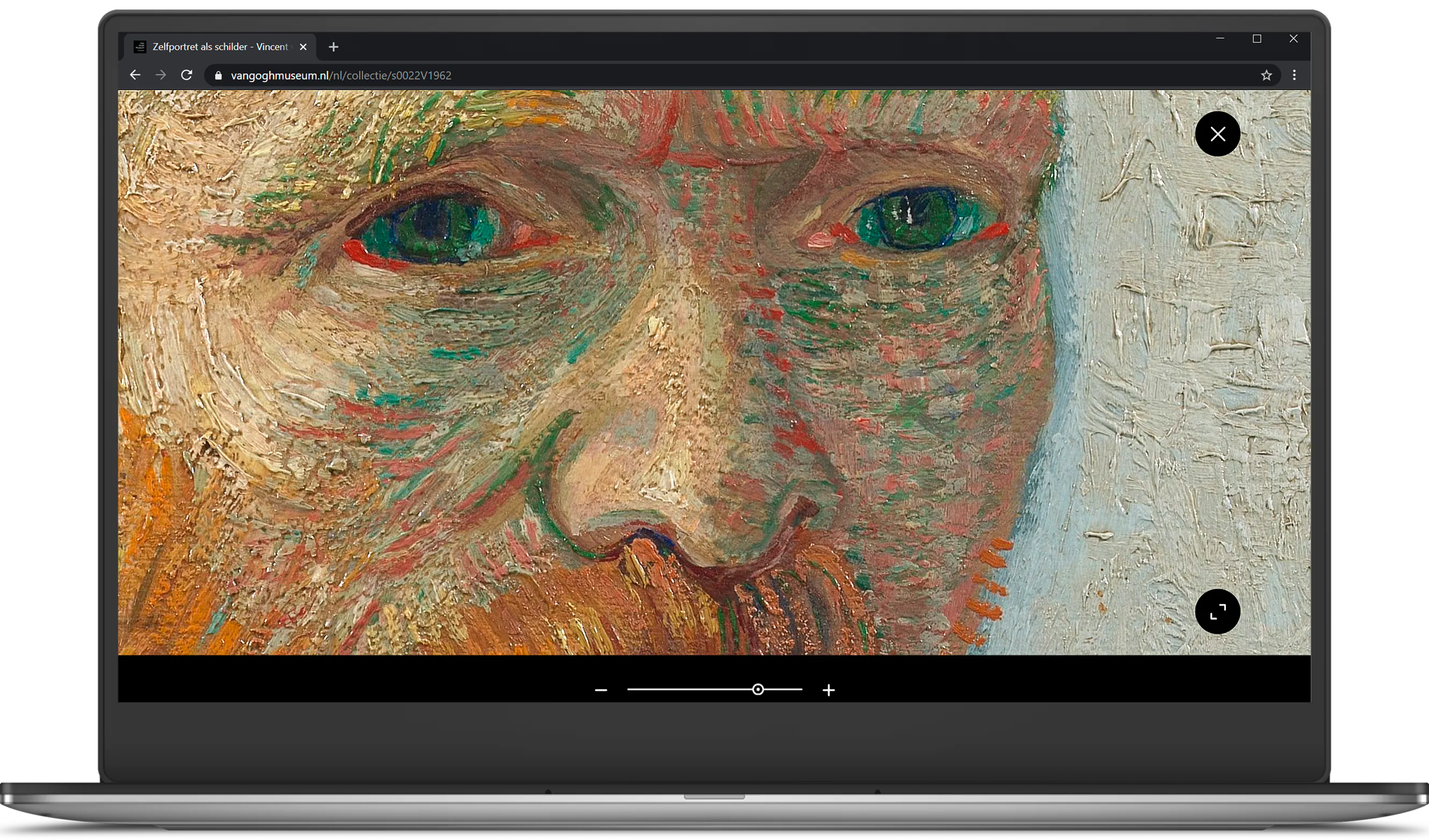 Laptop met een ingezoomd zelfportret op de website vangoghmuseum.nl
