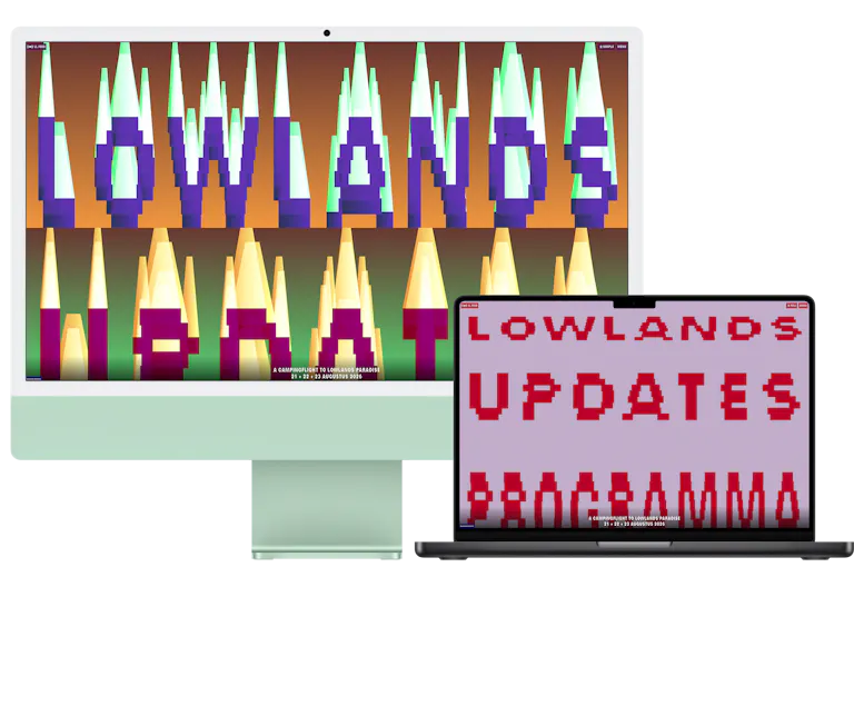 Een desktop mac en een macbook met daarop de Lowlands website.