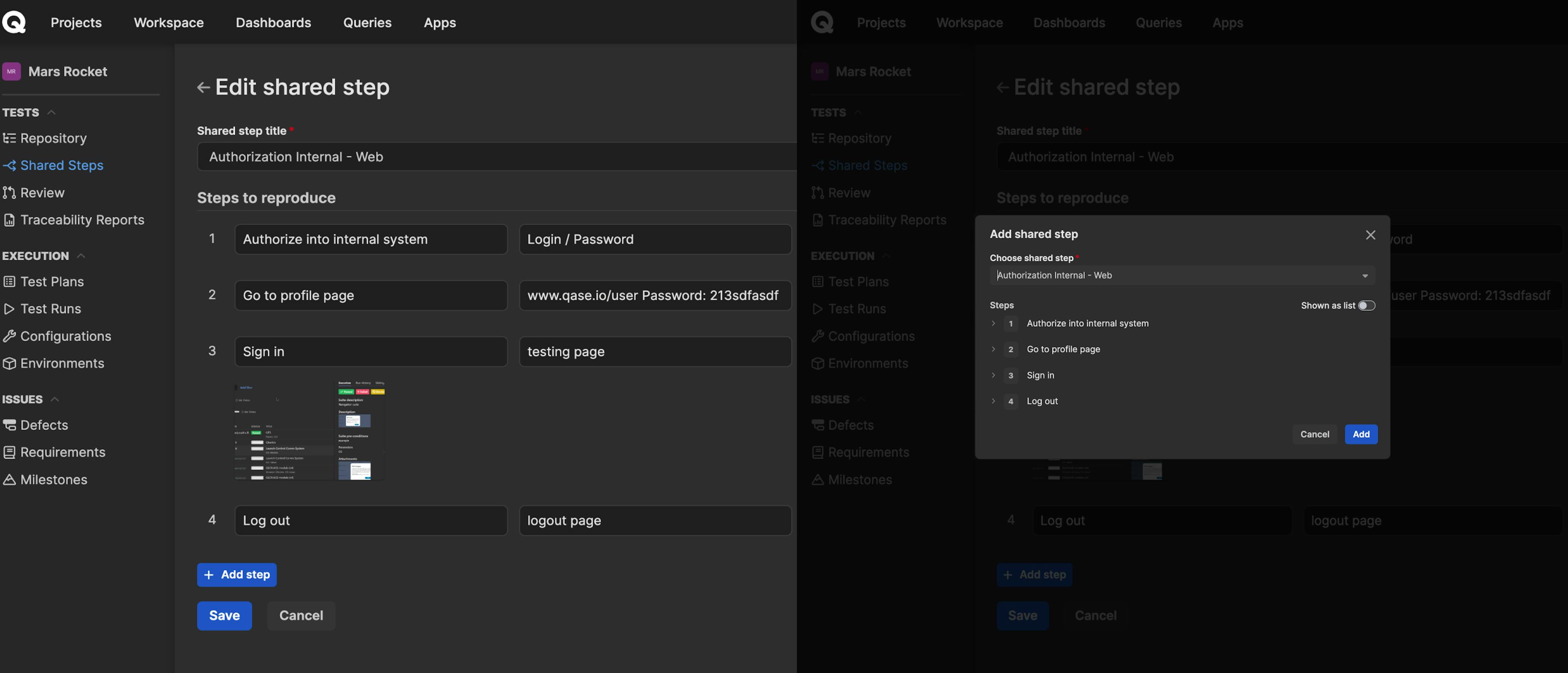 Qase Shared Step Editing