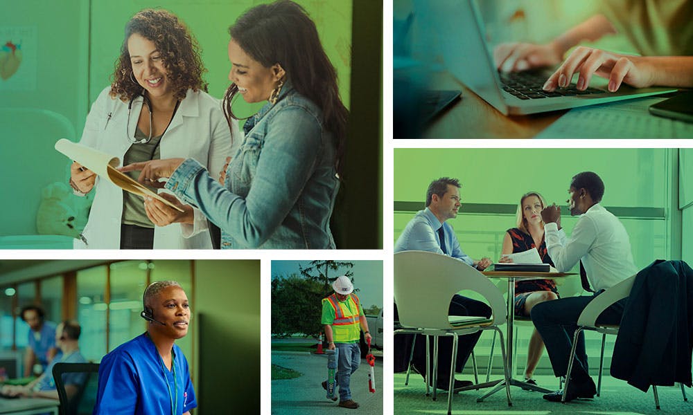 Collage of employees in different settings