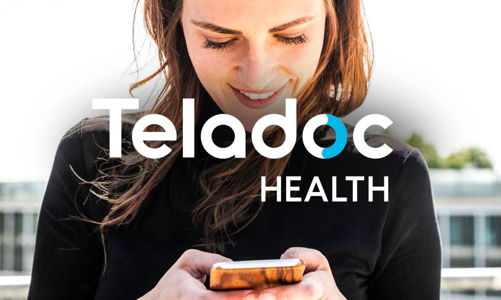 Teledoc logo with lady looking at her phone
