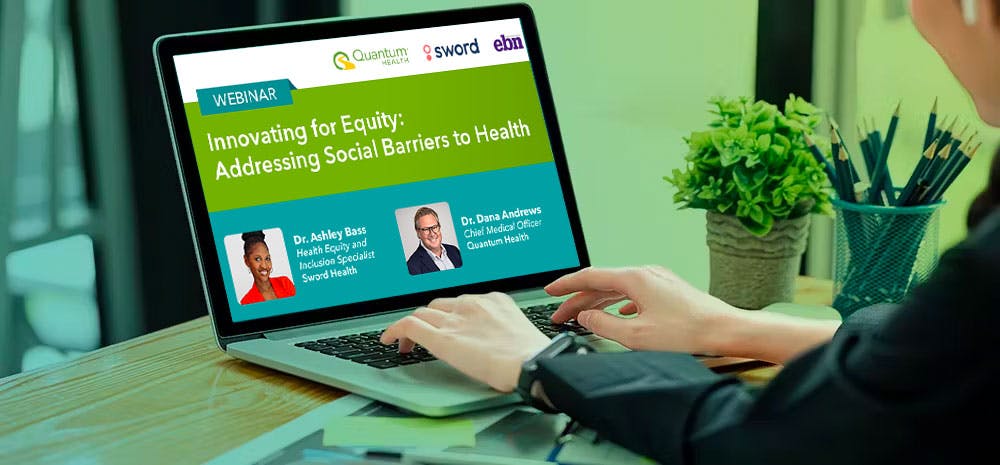 Person on laptop about to watch the webinar, "Innovating for Equity: Addressing Social Barriers to Health"