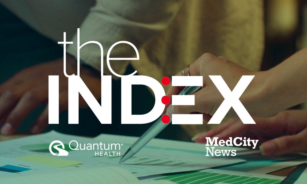 the INDEX: MedCity News logo with a person writing