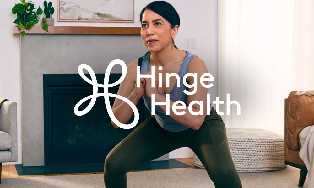 Hinge Health logo with a lady doing a squat