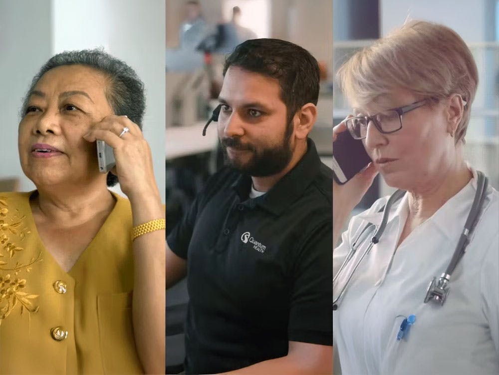 a mature woman, a male quantum health employee and a female nurse on the phone