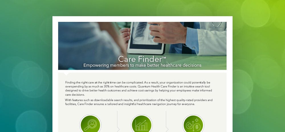 Front cover of the Care Finder sheet. Doctor holding a tablet