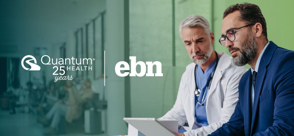 Quantum Health 25 years and ebn logo graphic with doctor and patient going over treatment plan