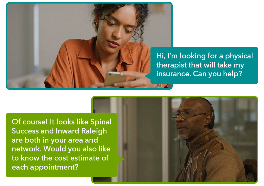 Interaction between the member and Warrior from Quantum Health looking for a physical therapist