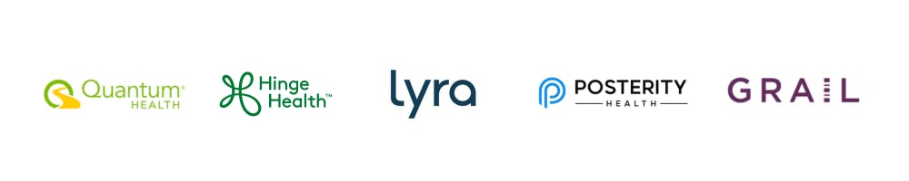 Quantum Health, GRAIL, Posterity Health, Hinge Health, and Lyra Health logos