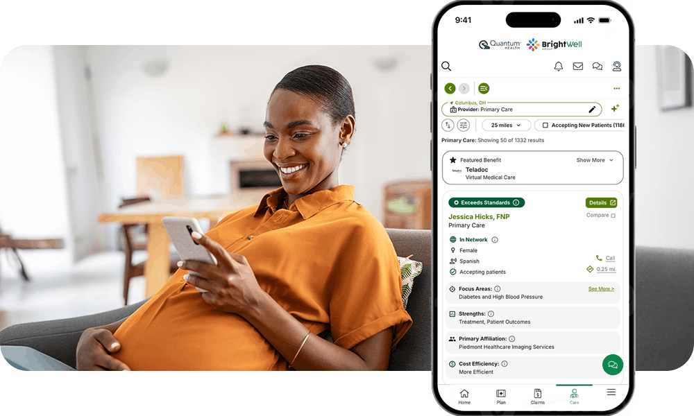 Pregnant woman looking at her phone with a screenshot of the app