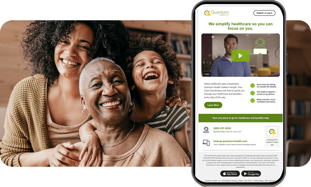 Generational family smiling with app screenshot