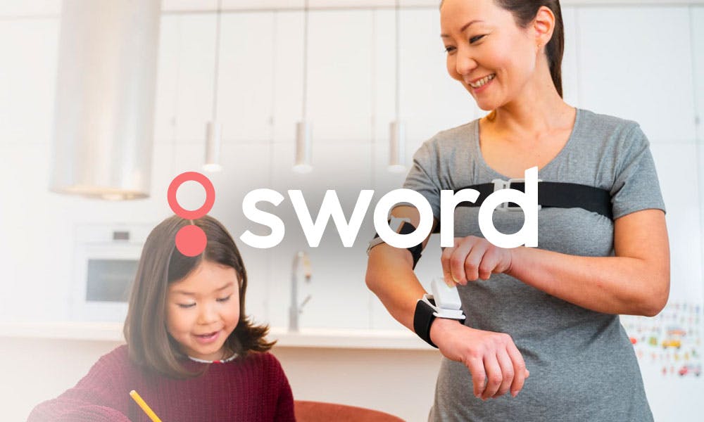 Sword logo with mom and daughter smiling