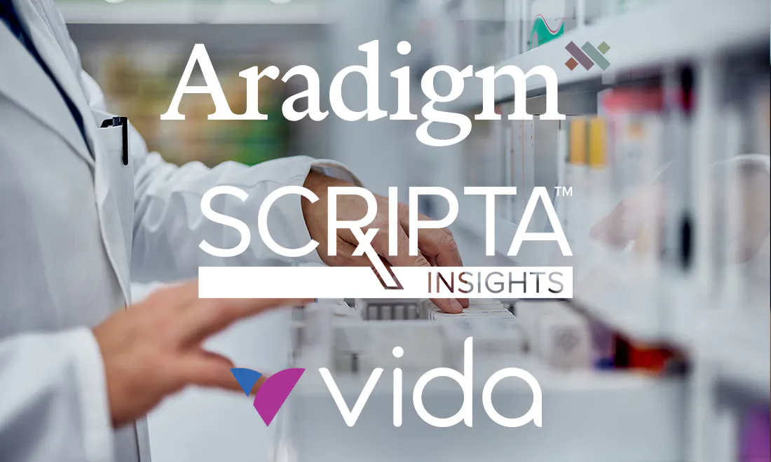 Pharmacist with Aradigm, Scripta, Vida logos overlaid