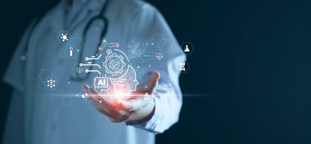 doctor holding AI generated image of brain network