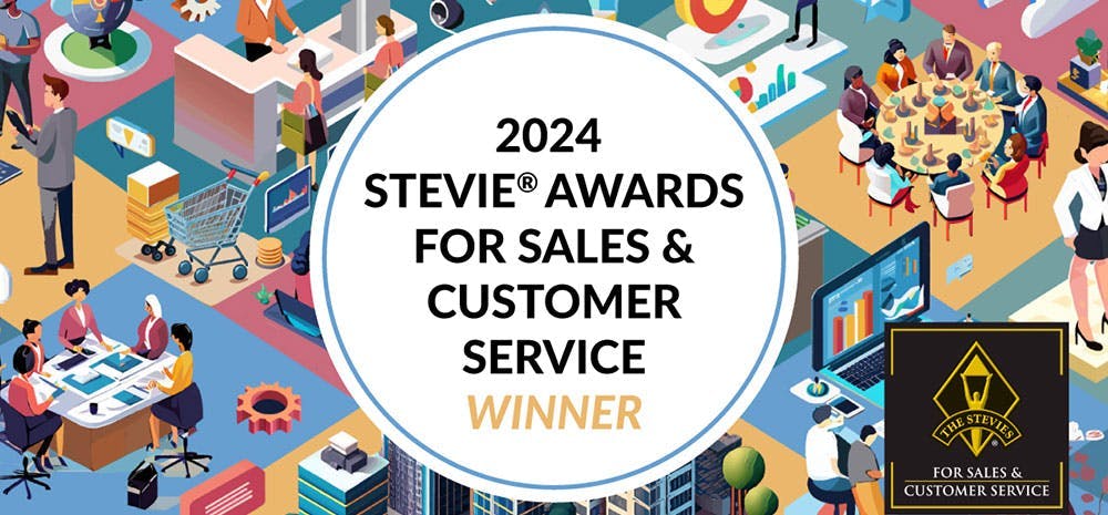 2024 Stevie Awards for sales & customer service winner award graphic with illustrations of workplace scattered